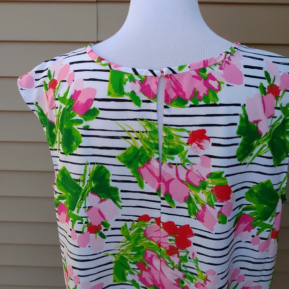 Merona Bright Floral Print Blouse Tropical White Striped Pink Green Plus - Picture 7 of 10